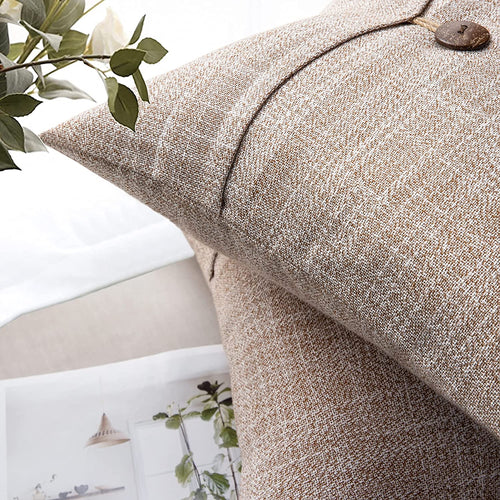 Pack of 2 Farmhouse Throw Pillow Covers Button Vintage Linen Decorative Pillow Cases for Couch Bed and Chair Beige 18 X 18 Inches 45 X 45 Cm