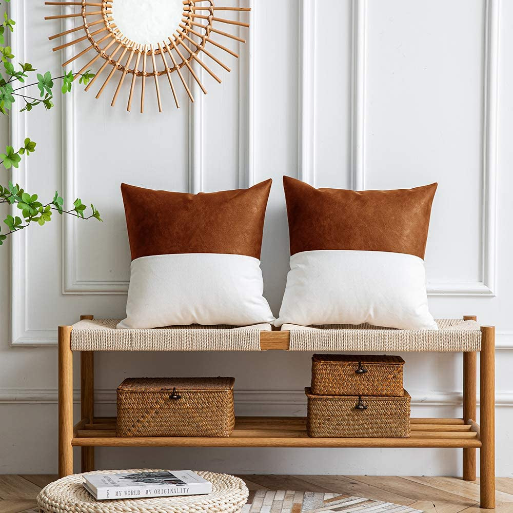 Farmhouse Leather Inspired Throw Pillow Covers, Modern Leather/Cotton Decorative Pillowcases for Home Decor 