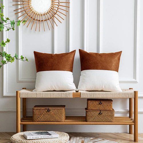 Farmhouse Leather Inspired Throw Pillow Covers, Modern Leather/Cotton Decorative Pillowcases for Home Decor 