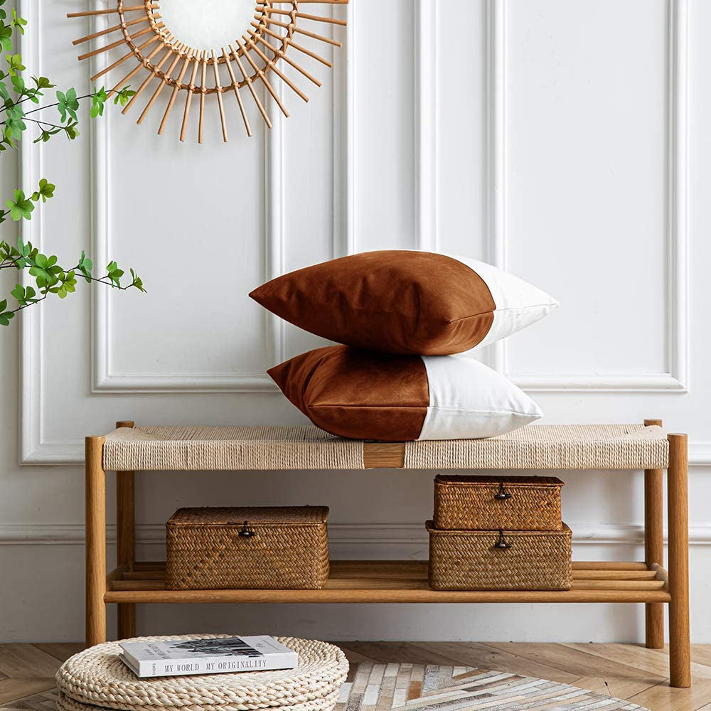 Farmhouse Leather Inspired Throw Pillow Covers, Modern Leather/Cotton Decorative Pillowcases for Home Decor 