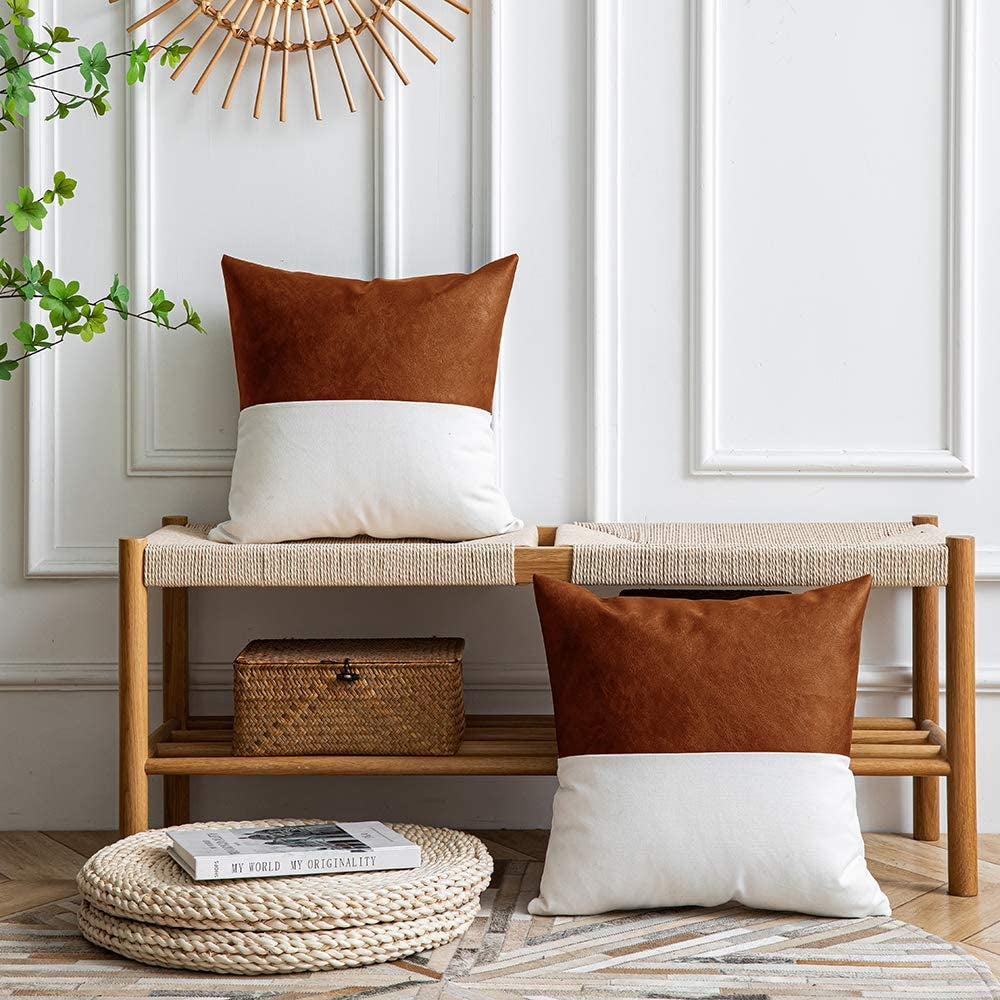Farmhouse Leather Inspired Throw Pillow Covers, Modern Leather/Cotton Decorative Pillowcases for Home Decor 